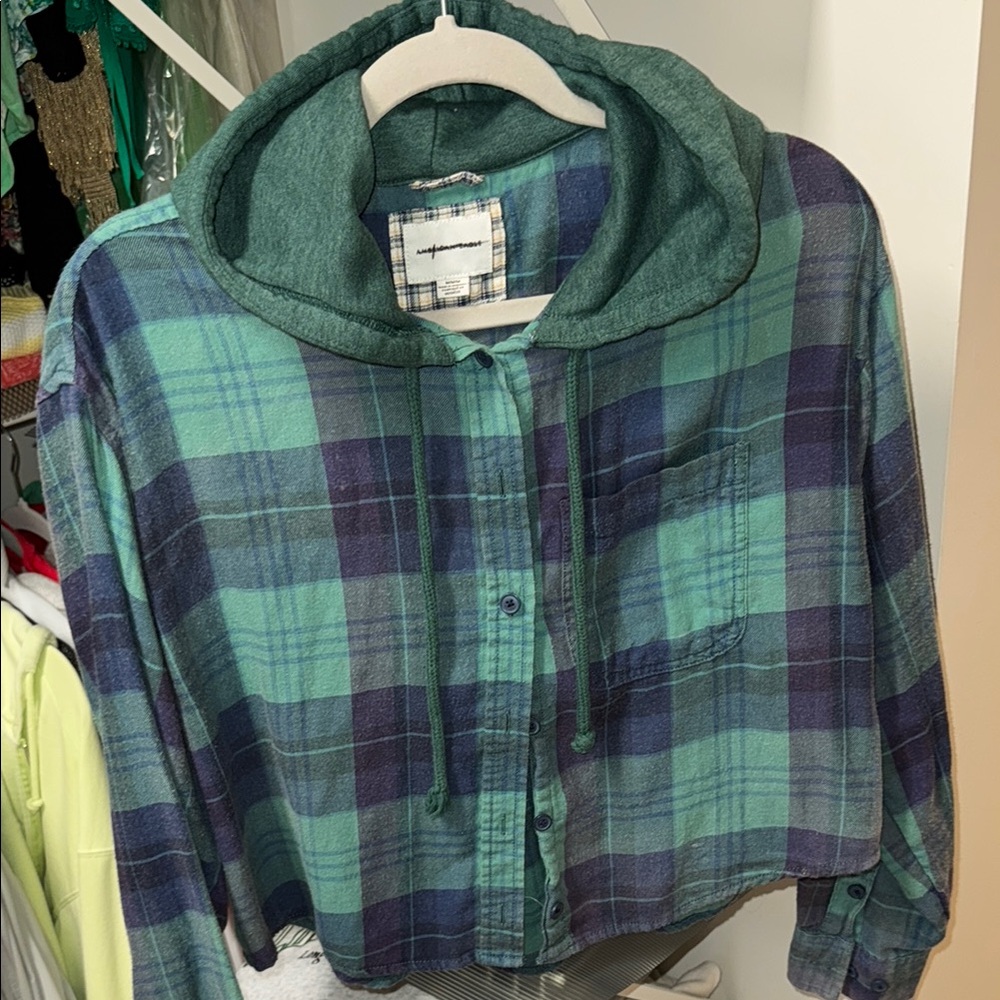 Green and Blue Plaid Hooded Shirt